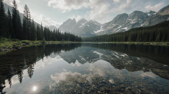 Serene mountain lake reflection with pine forest and dramatic sky during golden hour cinematic motion