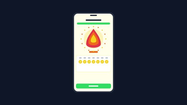 Flat animation of a generic mobile phone app interface showing habit tracking progress with a consecutive streak flame icon and daily checkmarks representing personal goals and achievement.