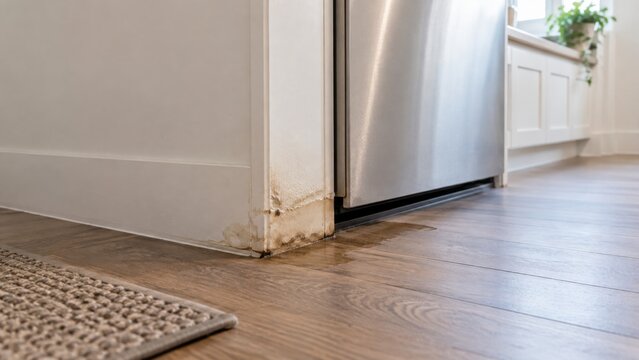 Water Damage and Swollen Baseboard Beside Kitchen Appliance