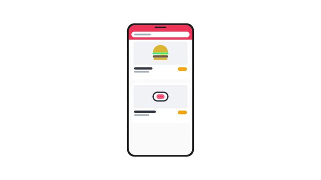 Flat 2D animation of a generic smartphone displaying a food delivery mobile application interface with hamburger and sushi menu options, online ordering concept for service on white background.