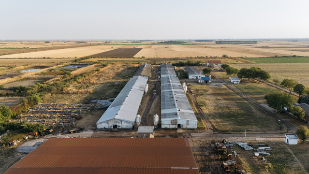 Aerial view of an agricultural farm facility with long metal-roofed sheds and silos surrounded by vast cultivated fields in Sremska Mitrovica, Vojvodina, Serbia.