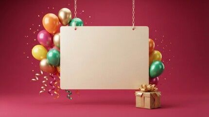 Fototapeta premium Blank sign hanging with colorful balloons and gift box for celebration