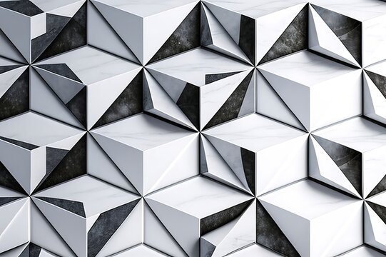 Abstract geometric white and grey marble wall panel with three dimensional faceted triangle tiles
