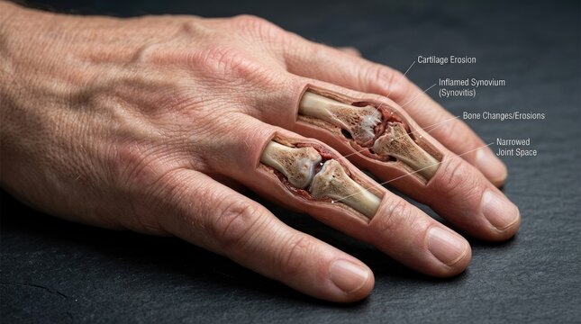 Finger joint disease: arthritis condition, arthrosis problem, osteoarthritis concern, osteoarthrosis issue, cartilage erosion, bone change, narrow space, synovium inflammation.