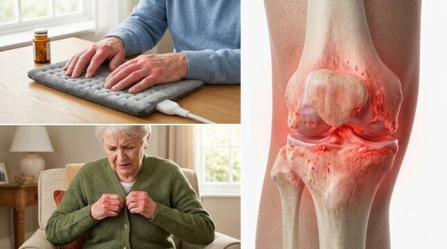 Painful joint condition: chronic arthritis, severe arthrosis, knee osteoarthritis, degenerative osteoarthrosis, older patient care, therapy symptom.