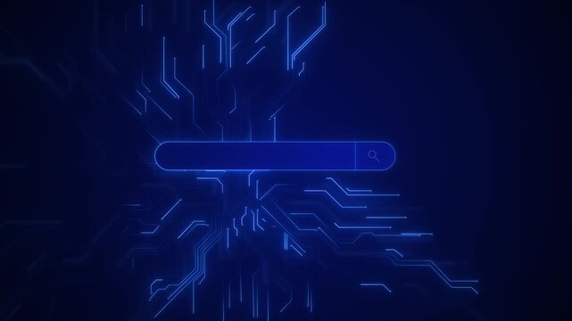 Search bar floats blue circuit lines, interface online discovery intelligent results. artificial intelligence, search engines, SEO, web browsing, digital research, software 19 presentations.