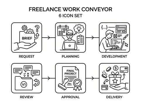Freelance Project Workflow Icons Set for Productivity.