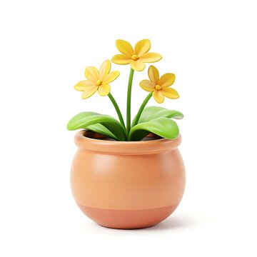 A 3D render of a cute potted plant with yellow flowers and green leaves