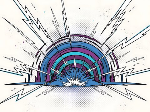 Comic book style vector explosion with vibrant colors and electric lightning bolts radiating outwards