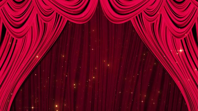 Rich red velvet curtains open theater backdrop, stage clear open space. award ceremonies, movie premieres, concerts, talent shows, grand openings, luxury events, title reveals festive presentations.