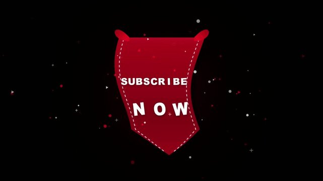 Subscribe now motion graphics with red banner and white text over black background.