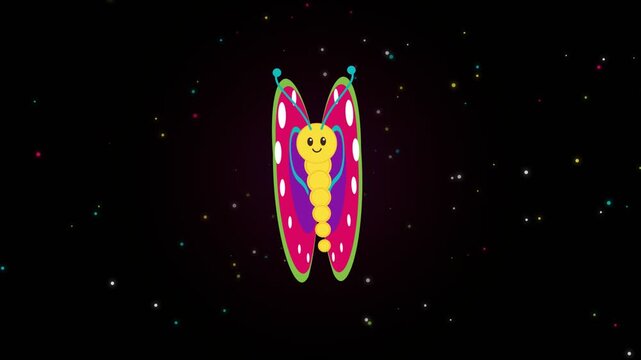 Cute animated butterfly with colorful wings flapping on dark background with sparkling dots motion graphics.