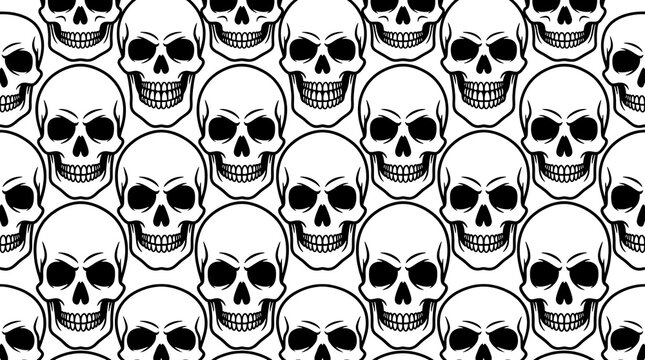 Seamless pattern background featuring multiple human skulls in a repeating grid design