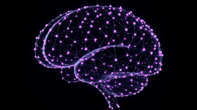 Neural network mind: purple brain, digital intellect, scientific concept, synapse connect, database structure.