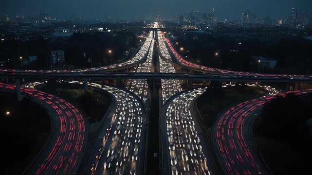 Metropolitan highway commute: night traffic, vehicle headlight, city sprawl, road junction, urban motion, dynamic flow, evening transit, speed blur.