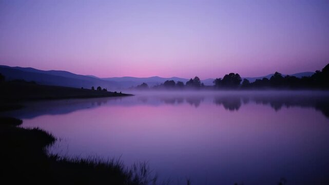 Serene sunrise over misty lake with rolling hills and subtle camera drift evoking tranquility and nature's calm
