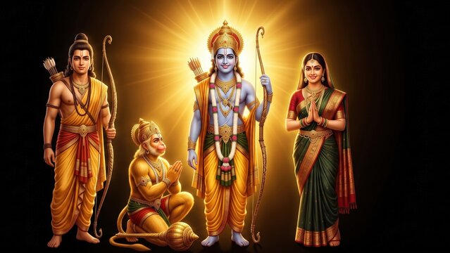 Ram Darbar with Ram Sita Lakshman Hanuman &ndash; Divine Hindu Family Portrait.
