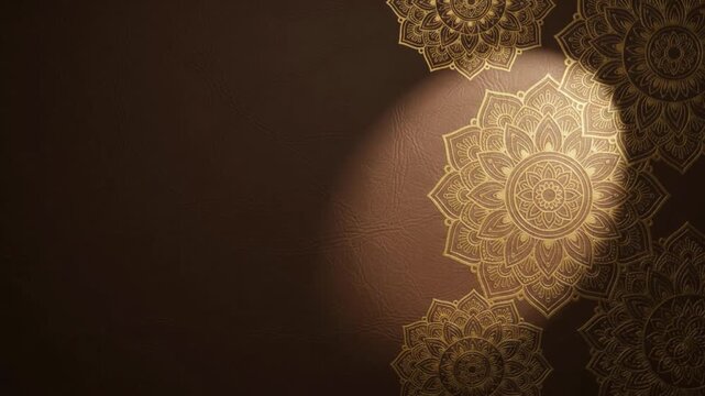 Elegant Golden Mandala Patterns with Warm Spotlight on Dark Brown Luxury Background with Copy Space