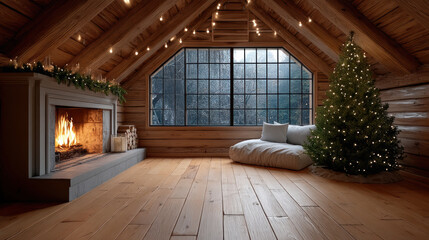 Fototapeta premium Cozy wooden cabin interior with Christmas tree, fireplace, string lights, winter night, peaceful, warm
