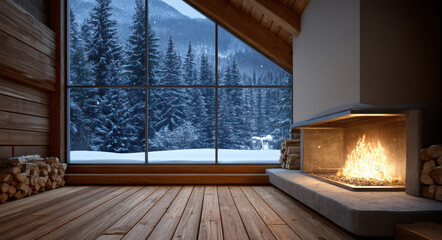 Fototapeta premium Cozy wooden cabin interior with fireplace, large window, snowy forest, mountain view, warm atmosphere, winter night