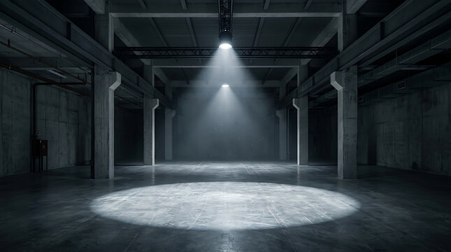 Bright spotlight illuminating the concrete floor of a dark abandoned industrial