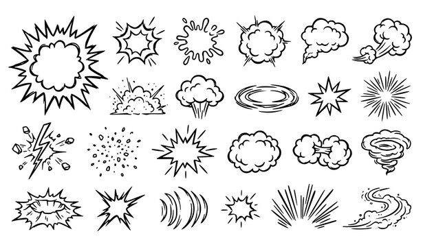 Comic Boom Explosion Smoke Hand Drawn Sketch Vector Effect Set