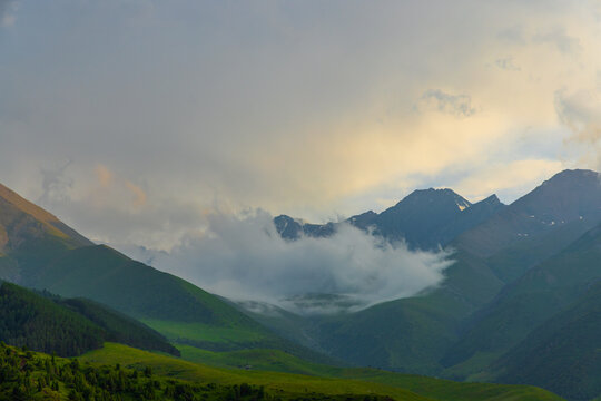 Panoramic view of lush green mountain ranges beneath a dramatic sky. Soft, warm light highlights the textures of the landscape, creating a serene atmosphere.
