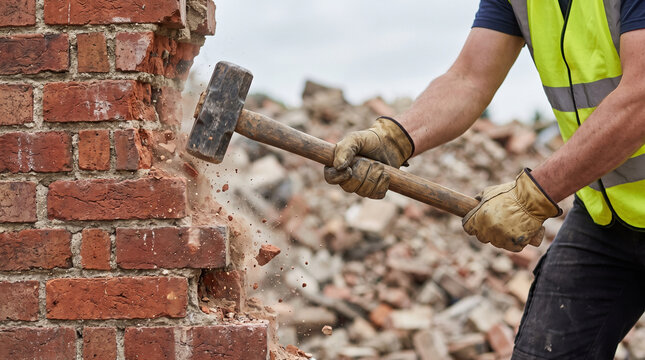 Construction worker demolishing brick wall with sledgehammer  