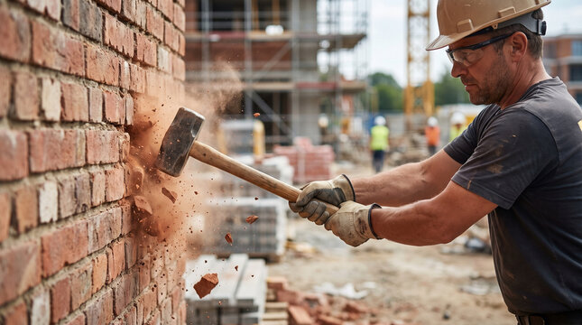 Construction worker demolishing brick wall with sledgehammer  