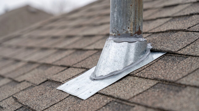 Vent pipe flashing on a shingled roof in winter  