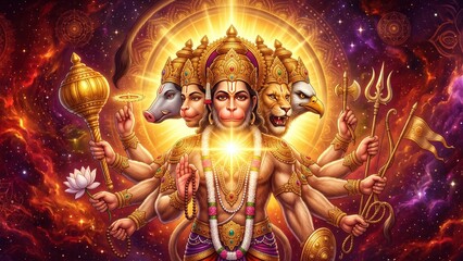 Fototapeta premium Panchmukhi Hanuman – Five-Faced Divine Protector with Cosmic Power.
