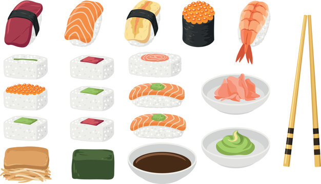 Vector set of traditional Japanese sushi and roll icons including nigiri maki chopsticks soy sauce wasabi and ginger,