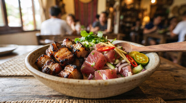 Filipino-inspired bowl combining smoky grilled pork with fresh tuna ceviche, cucumber, onion, ginger, chili and calamansi.