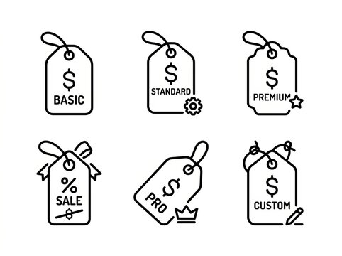 Minimalist price tag labels for product tiers and promotions.