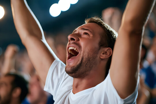 Excited young man cheering with arms raised at a sports stadium, celebrating victory. Joyful fan enjoying live match atmosphere, crowd in background.