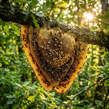 Wild honeybee colony builds a large exposed honeycomb in a lush forest environment