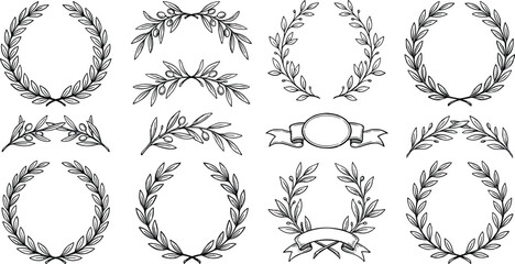 Fototapeta premium Hand drawn sketch illustration of olive laurel wreath set circular frames branches ribbons dividers vintage foliage vector line art.