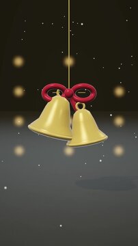 Golden Christmas Bells With Red Bow on Festive Dark Background