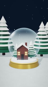 Winter Cabin Inside Christmas Snow Globe in Snowy Forest