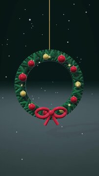 Evergreen Christmas Wreath With Red Bow and Festive Ornaments