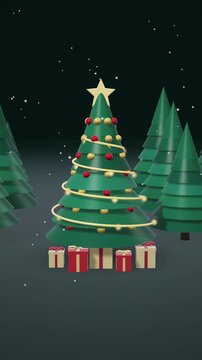 Decorated Christmas Tree With Gifts in Snowy Forest