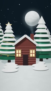 Cozy Winter Cabin in Snowy Christmas Forest Under Full Moon