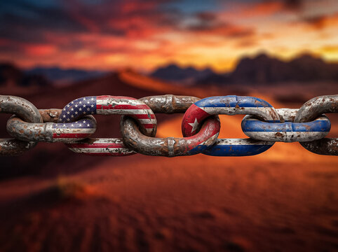 rusty steel chain with flags of usa and cuba positioned horizontally against desert sunset showcasing tight interconnection of interests international politics and historic neighborhood