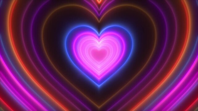 Layered neon hearts glow a radiant tunnel with hypnotic depth. for Valentine's Day , romantic intros, wedding visuals, love stories, dating promotions, music loops, and festive social content.