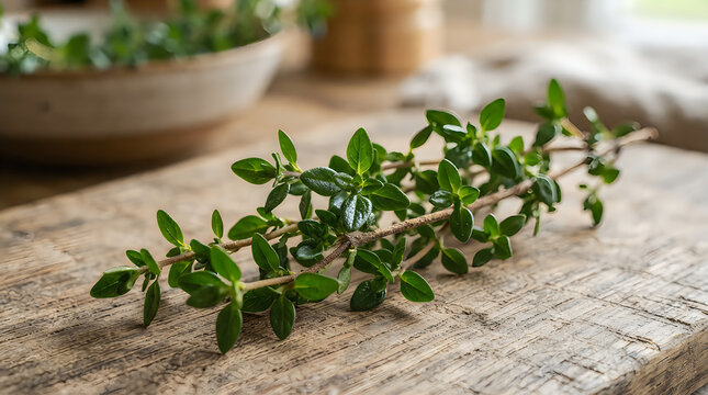 Fresh green thyme herb sprig on a rustic wooden table illustration