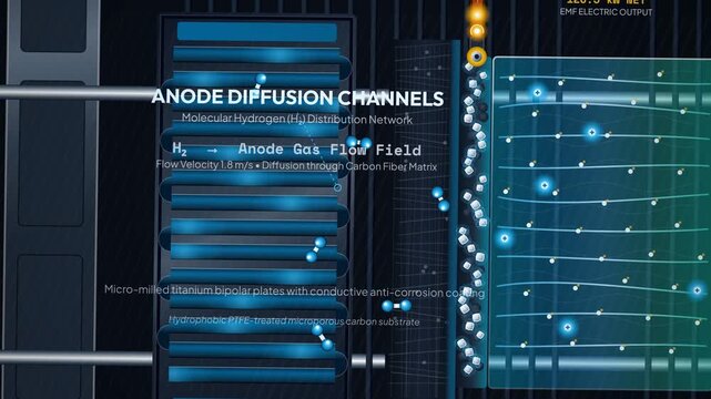 Detailed 4K animation of a hydrogen fuel cell reaction showing anode diffusion, electron stripping, electrical circuit, proton exchange, cathode reduction, and pure water condensation