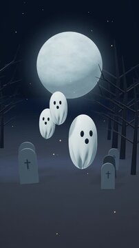 Floating White Ghosts Over Graveyard Under Full Moon