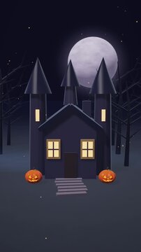 Haunted House With Full Moon and Glowing Halloween Pumpkins