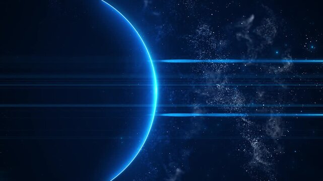 Blue planet glows along its curved stars, cosmic dust, linear light streaks deep space. astronomy documentaries, science fiction, space exploration, universe titles, celestial events, cinematic intros