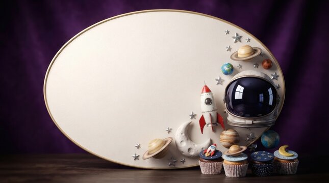 Space themed party mockup with rocket and astronaut helmet on purple background